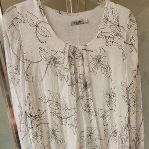 Elena Baldi White and Black Floral Design 100% Silk Long Sleeve Blouse Size 2X